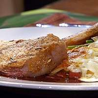 Baby Lamb Chops with Rosemary Parmesan Crust and Barolo Syrup with Scalloped Potatoes and Haricots Verts Recipe