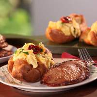Black Pepper Popovers filled with Vermont Cheddar and Herb Scrambled Eggs and Maple-Mustard Glazed Canadian Bacon Recipe