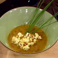 Cheddar and Beer Soup with Spicy Popcorn Garnish Recipe