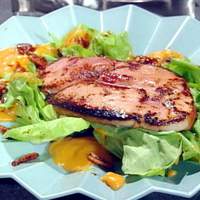 Chef Dave's Seared Ham Steak Salad with Bibb Lettuce, Warm Sweet Potato-Bourbon Dressing and Candied Pecans Recipe