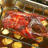 Cranberry, Blueberry, and Apple Cider-Glazed Duck with Chestnut, Oyster, Corn and Mushroom Dressing Recipe