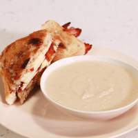Creamy Apple and Celery Root Soup with Grilled Cheddar, Bacon and Apple Honey Mustard Sandwich Recipe