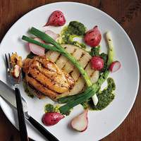Grilled Jicama, Radishes, Scallions, and Chicken with Asian-Style "Chimichurri" recipe