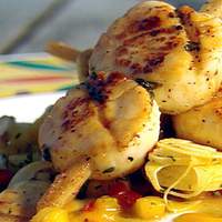 Sugarcane Skewered Sea Scallops with Mango Hearts of Palm Slaw and Scotch Bonnet Sugarcane Syrup Recipe