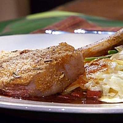 Baby Lamb Chops with Rosemary Parmesan Crust and Barolo Syrup with Scalloped Potatoes and Haricots Verts - RecipeNode.com