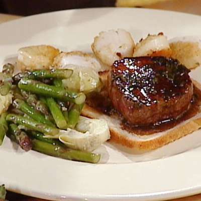 Baked Scallops and Seared Tournedos with Artichoke Hearts and Asparagus Tips - RecipeNode.com