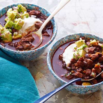 Beef and Black Bean Chili with Toasted Cumin Crema and Avocado Relish - RecipeNode.com
