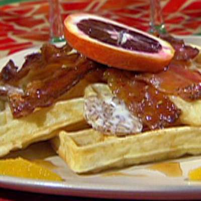 Belgian-Style Waffles with Black Pepper Candied Bacon, Pecan Butter and Cane Syrup - RecipeNode.com
