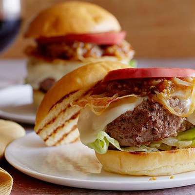 Burger with Taleggio, Pancetta and Onion-Mustard Relish - RecipeNode.com