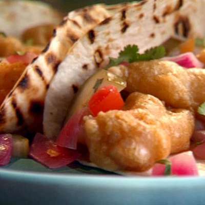 Cerveza-Battered Fish Tacos with Quick-Pickled Onion and Cucumber - RecipeNode.com