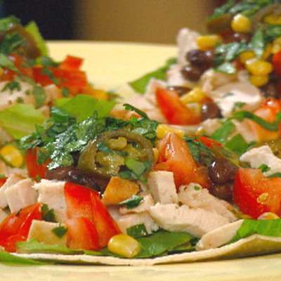 Chicken Tostada with Corn, Pickled Jalapenos and Black Beans - RecipeNode.com