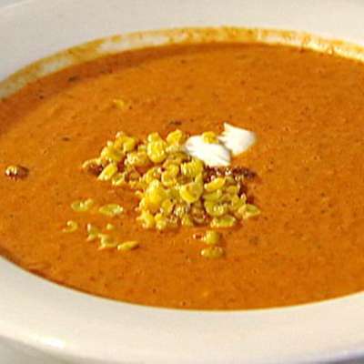 Cream of Roasted Red Bell Pepper Soup with Roasted Sweet Corn and Cilantro- Lime Sour Cream - RecipeNode.com
