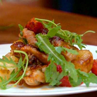 Crispy and Sticky Chicken Thighs with Squashed New Potatoes and Tomatoes - RecipeNode.com