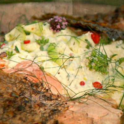 Crispy Barbecued Side of Salmon Barbeque with Cucumber Yogurt - RecipeNode.com