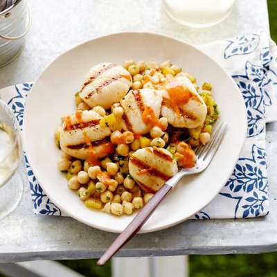 Cumin Grilled Sea Scallops with Chickpea Salad and Red Pepper-Tahini Vinaigrette - RecipeNode.com