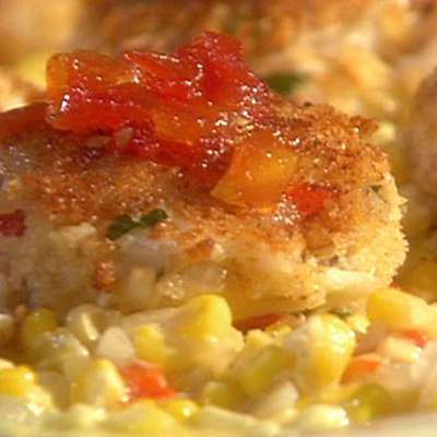 Emeril's Gulfcoast Fishhouse Crab Cakes with Sweet Corn Maque Choux and Tomato Jam - RecipeNode.com