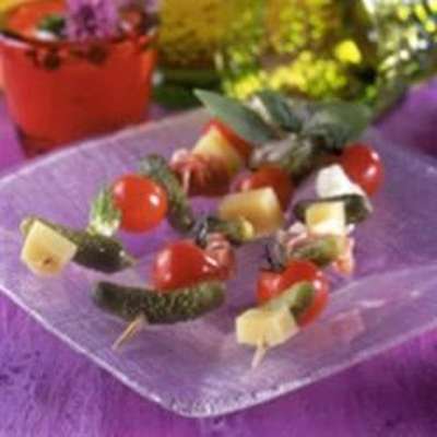 Ham and Cheese Skewers with Crunchy Maille® Cornichons - RecipeNode.com
