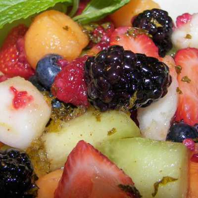 Melon, Berry, and Pear Salad With Cayenne-Lemon-Mint Syrup - RecipeNode.com