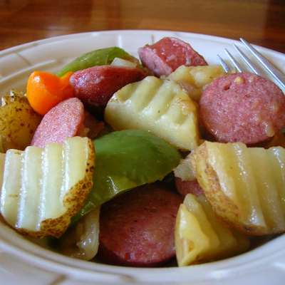 Smoked Sausage, Taters, Peppers and Onions Country Style - RecipeNode.com