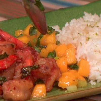 Spicy Coconut Shrimp with Spicy Mango Basil Salsa and Lime Jasmine Rice - RecipeNode.com