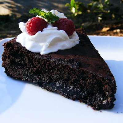 Warm Flourless Chocolate Cake with Caramel Sauce - RecipeNode.com